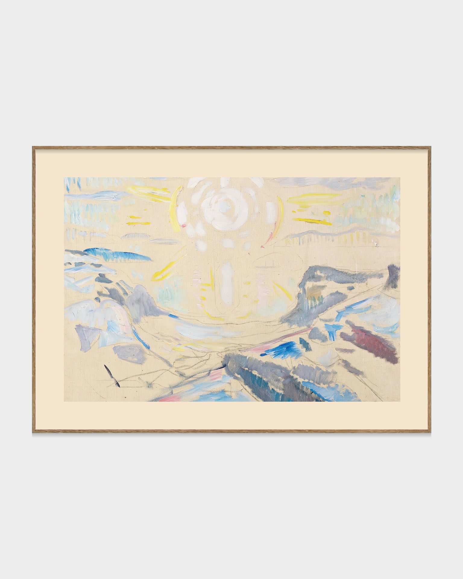 En uttrycksfull poster med Edvard Munchs målning The Sun från 1910, där kraftfulla färger och strålande linjer fångar solens energi i ett ikoniskt verk inom nordisk modernism, perfekt för en konstnärlig och tidlös inredning. Motivet är tryckt på premiumpapper för bästa färgåtergivning.

Gul kant runt motivet.