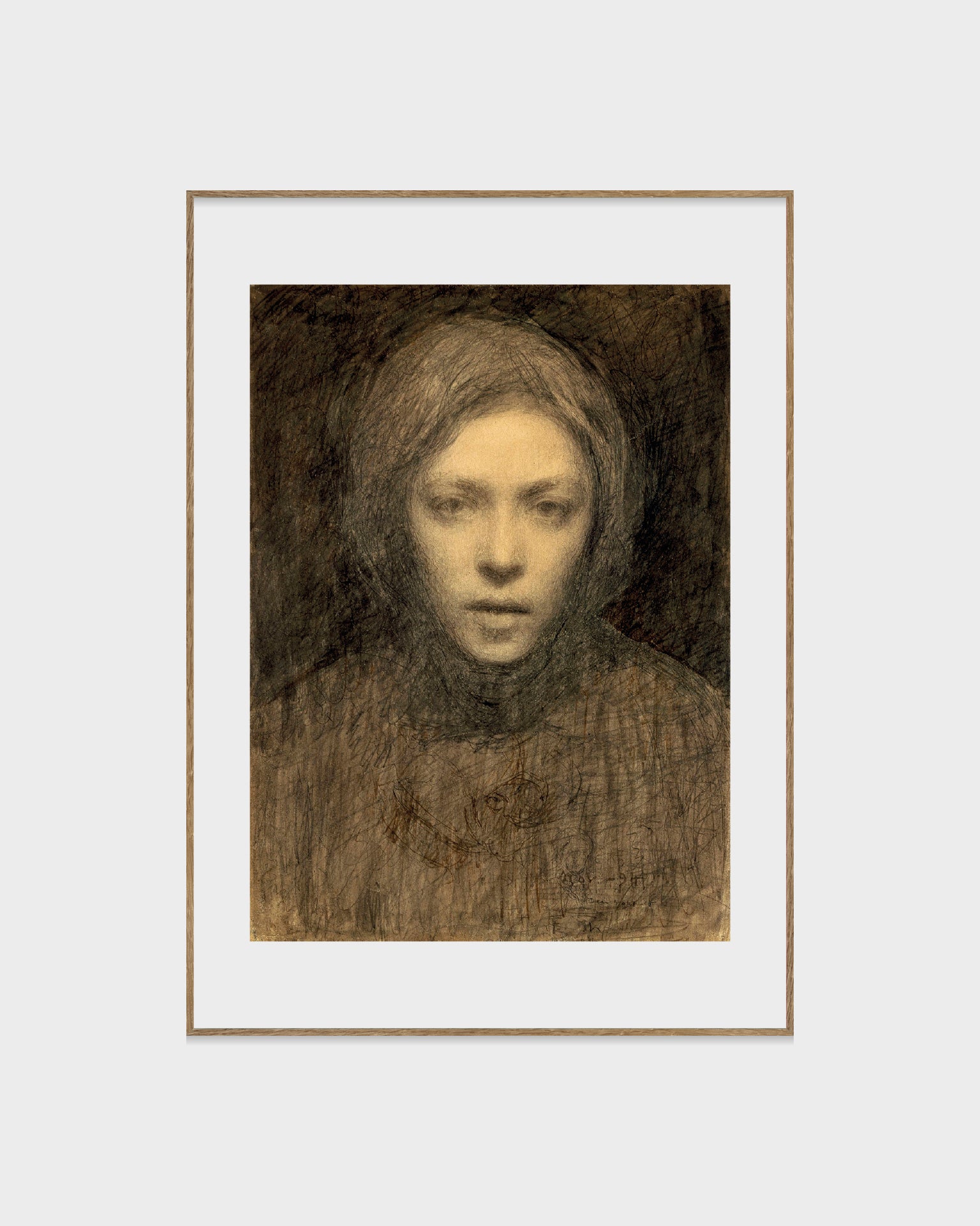 Poster tryck på premiumpapper. Self portrait, Omakuva, Självporträtt av Ellen Thesleff i blyerts från 1894-1895. med vit kant. 