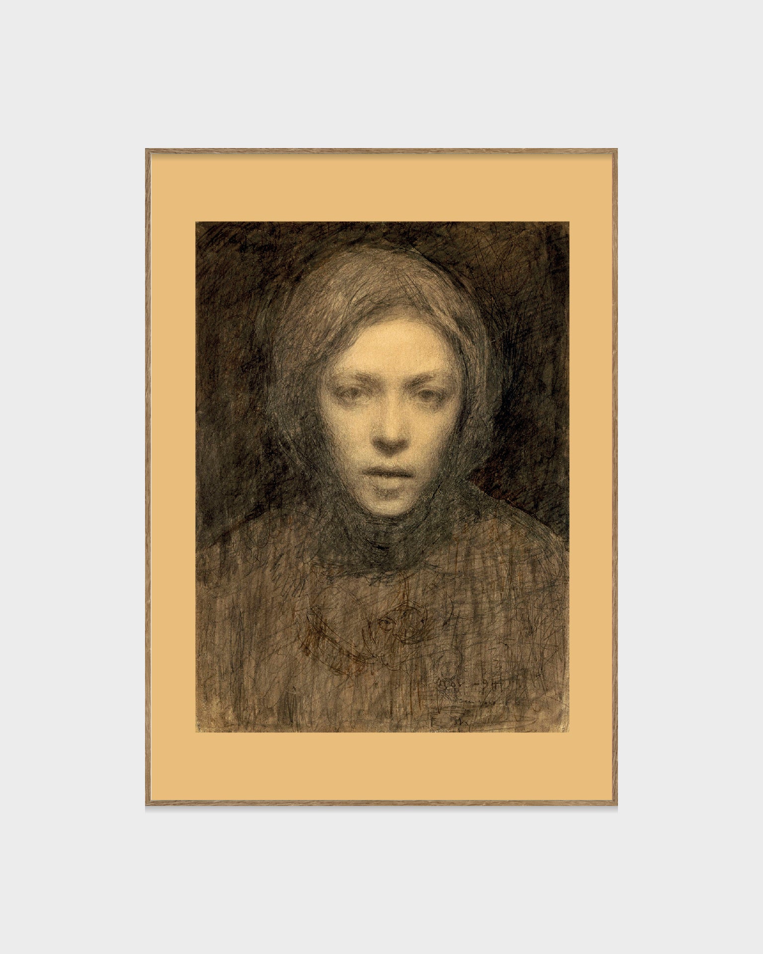 Poster tryck på premiumpapper. Self portrait, Omakuva, Självporträtt av Ellen Thesleff i blyerts från 1894-1895. med gul kant. 